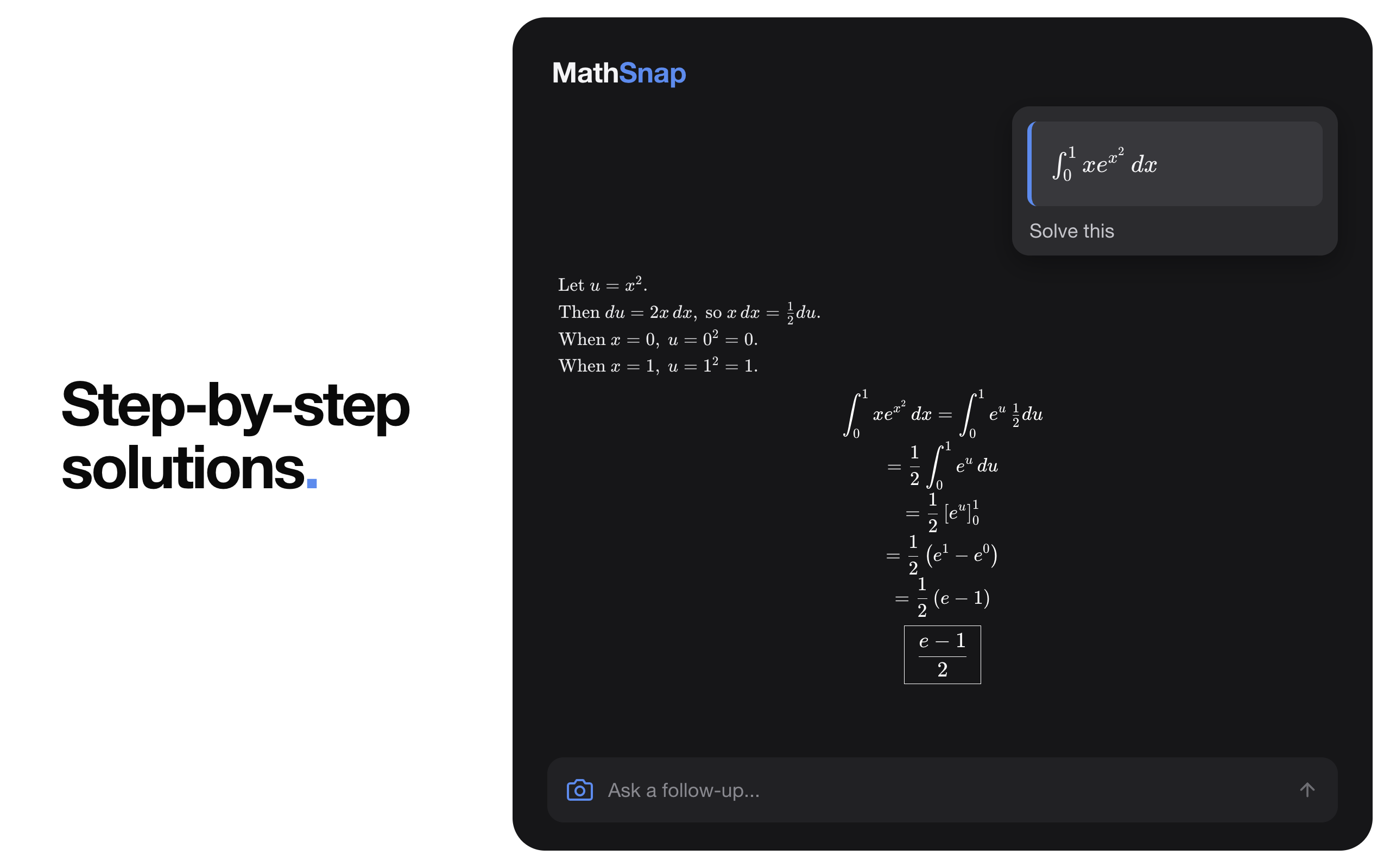 MathSnap AI sidebar showing a step-by-step solution to a calculus integral