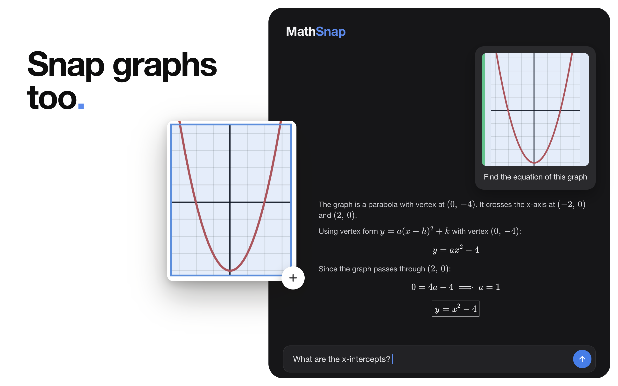 Snapping a parabola graph with MathSnap and getting an AI explanation of the equation